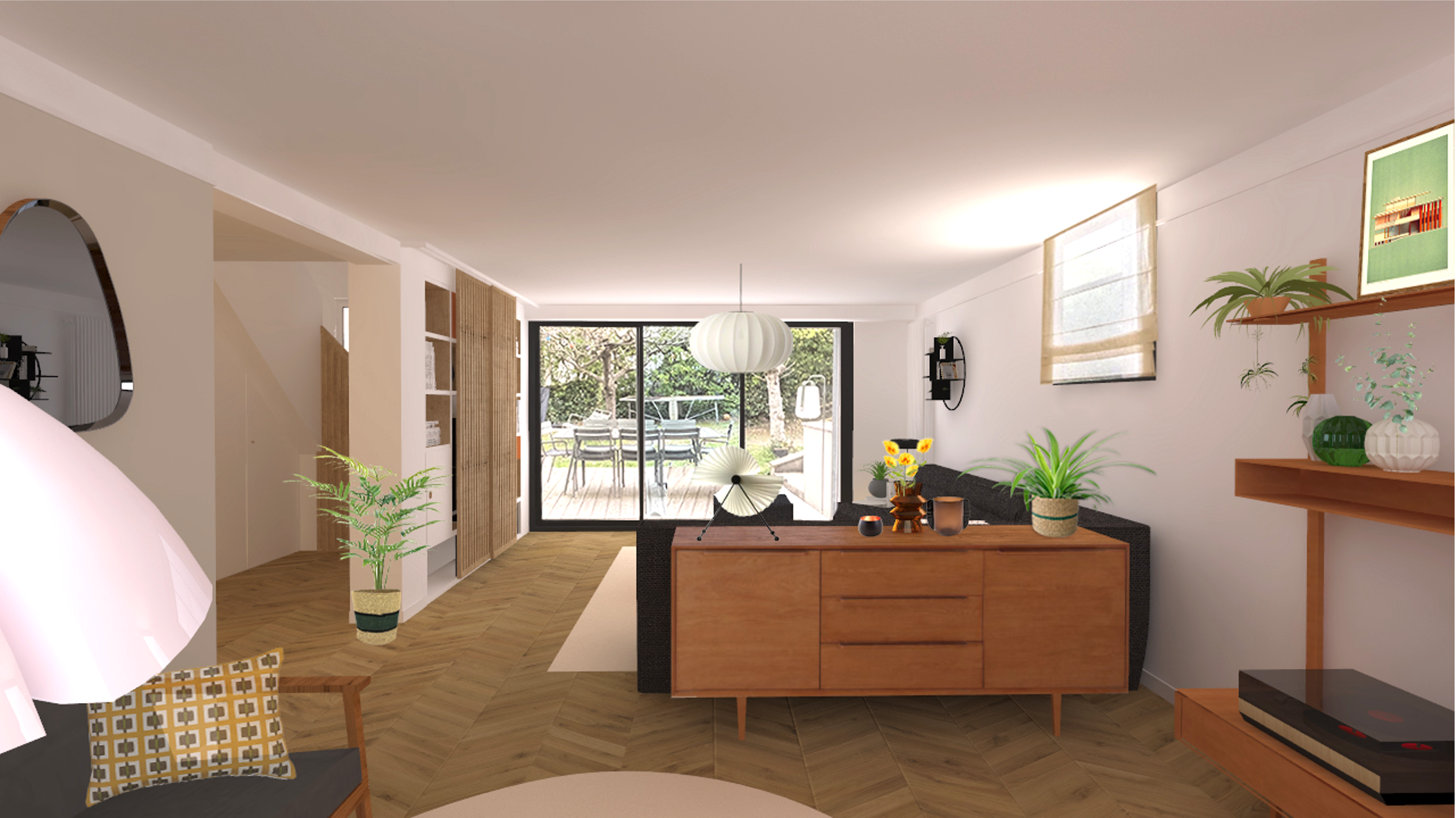 Projet 3D d'agencement en s'inspirant du Feng Shui d'une maison à la roseraie ; matériaux naturels, circulation fluide, lovelldeco décoratrice et architecte d'intérieur